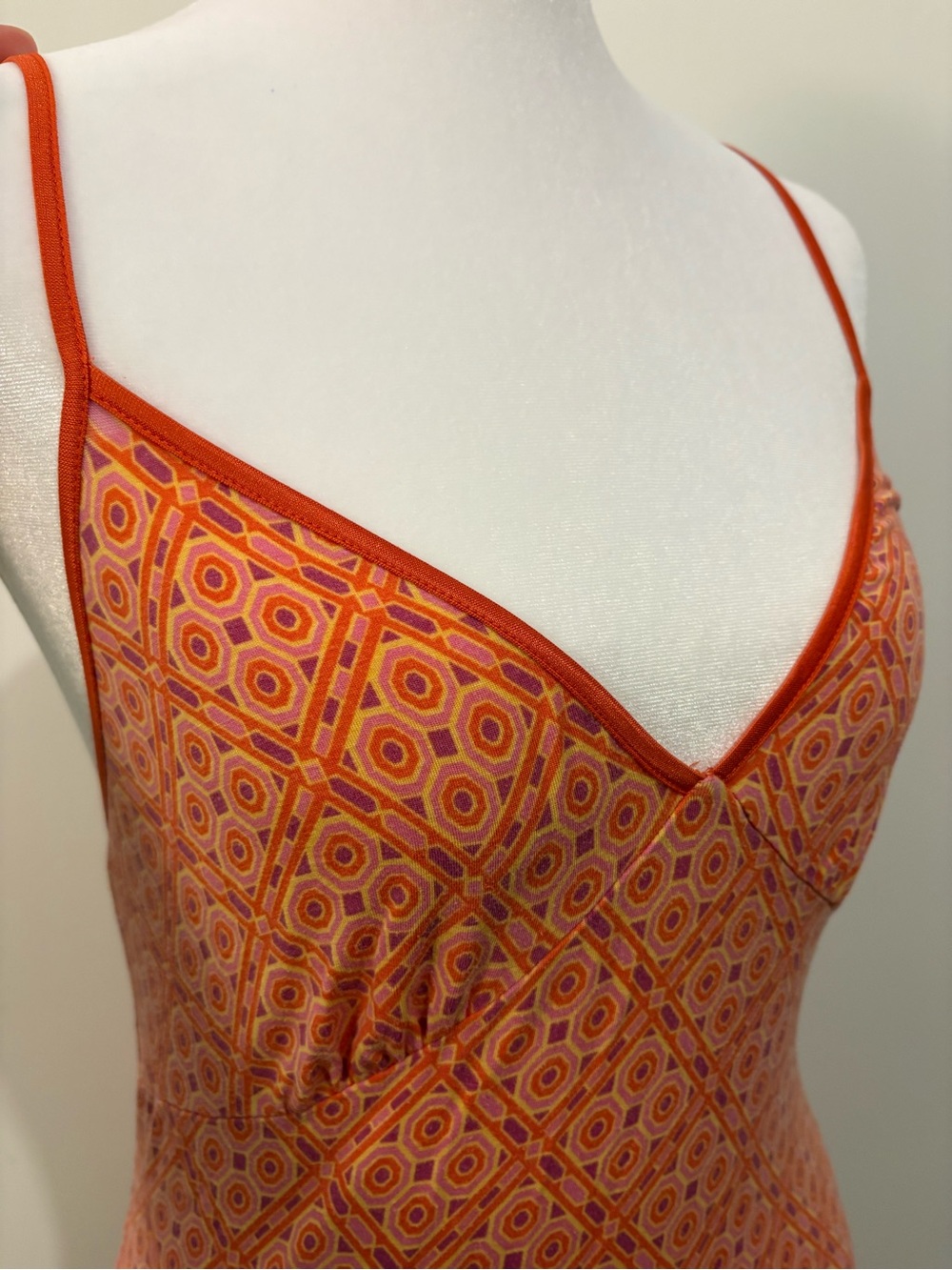 Orange Pink Geometric Slip Dress Y2K Retro Cami Mini Dress - Picture 3 of 5